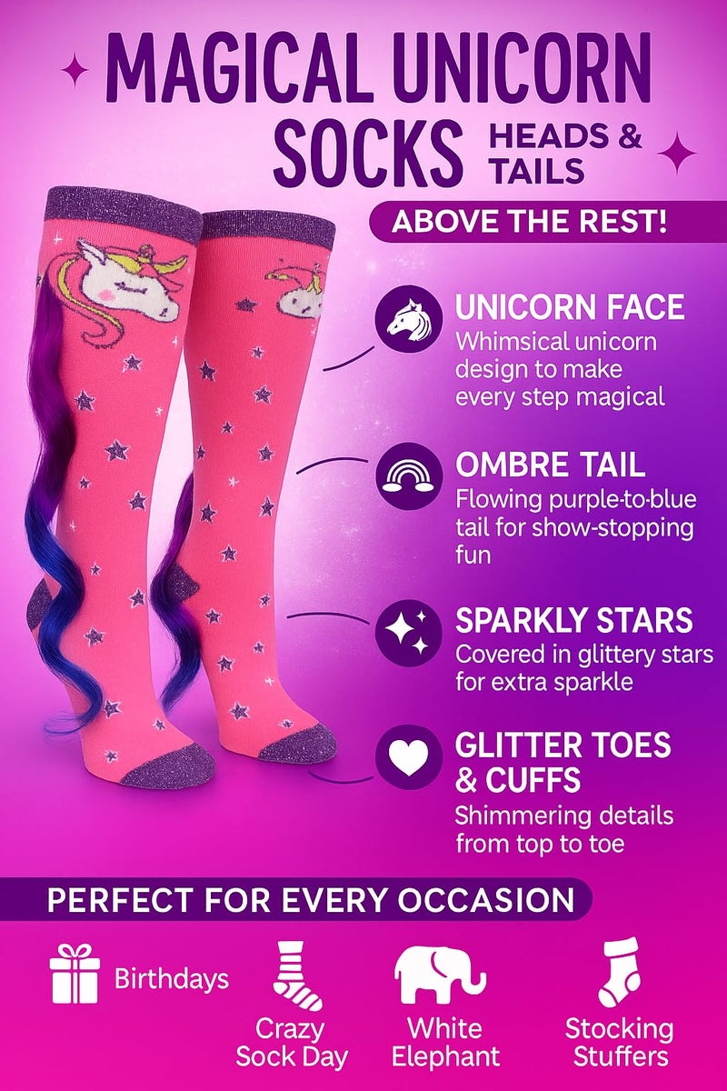 Gears Out Magical Unicorn Socks for Women & Kids - Pink Knee-High Novelty Socks with Colorful Ombre Tail, Sparkly Stars & Glitter Toes - Crazy Sock Day, Gift Idea - Image 5
